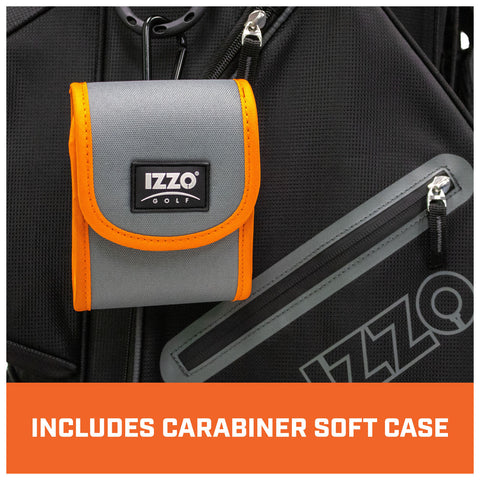 A small gray and orange soft case with a carabiner is attached to a black golf bag featuring the logo of Izzo Golf, surrounded by a zippered pocket. Includes carabiner soft case.