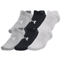 Three pairs of athletic socks are arranged in a stack. The socks are in gray, black, and white colors with a logo on the sides. The context suggests they are designed for sports or casual wear.