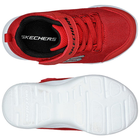 Red athletic shoes are displayed with a focus on the top and bottom views showing laces and a patterned sole in a neutral background emphasizing their design and brand logo.