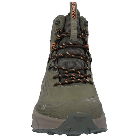 A green hiking boot features a sturdy design with textured surfaces and prominently laced orange and black shoelaces offering support for outdoor activities in rugged environments.