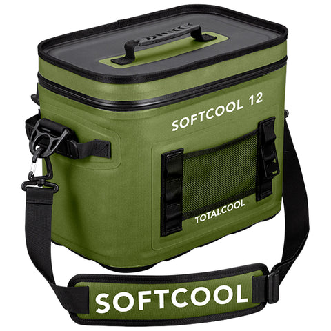 A green soft-sided cooler with a top handle and adjustable shoulder strap is designed for transporting food and beverages while featuring side mesh pockets for additional storage.