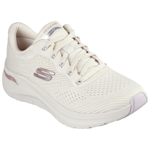 A white athletic shoe features a breathable mesh upper and cushioned sole showcasing the Skechers logo the shoe appears positioned for display against a plain background.