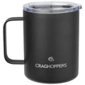 A black insulated mug sits upright featuring a clear lid and a sturdy handle prominently displaying the brand name Craghoppers on the front.