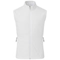 A sleeveless white vest stands upright showcasing a front zipper and two side zippered pockets in a plain background suitable for casual or outdoor wear.