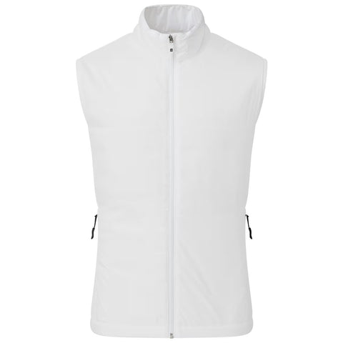 A sleeveless white vest stands upright showcasing a front zipper and two side zippered pockets in a plain background suitable for casual or outdoor wear.