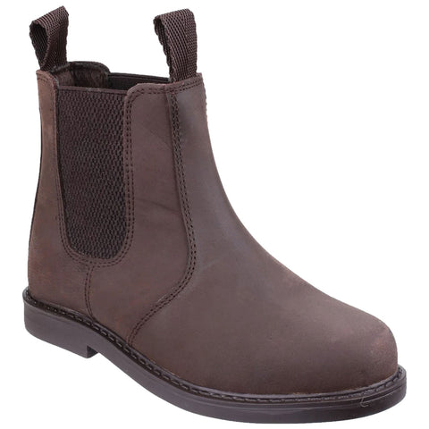 A brown leather Chelsea boot stands upright with elastic side panels and pull tabs for easy wear in a neutral setting suitable for casual or outdoor use.