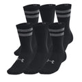 Six pairs of black socks are displayed standing upright with gray stripes at the top and an Under Armour logo on the sole showcasing their athletic design suitable for casual or sports wear.