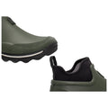 A pair of green waterproof shoes are displayed showing the front and back details showcasing a textured surface and a looped tab for easy wear in a neutral background.