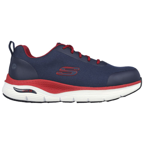 A navy and red athletic shoe is displayed side-on with laces tied showcasing a padded collar and arch support intended for comfort during walking or exercise on a neutral background.