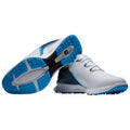 White athletic shoes with blue accents are positioned together showing their soles and sides emphasizing the textured grip and design suitable for sports activities in a neutral background.