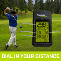 A golfer swings a club on a green, while a device displays metrics such as carry distance of 298 yards and club swing speed of 116 mph. Text says "DIAL IN YOUR DISTANCE."