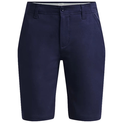 Navy shorts are displayed with a front view highlighting a smooth fabric texture and clean design featuring a single button closure and side pockets set against a plain white background