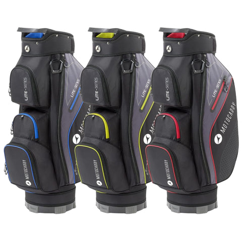 Three golf bags are displayed side by side, each featuring distinct color accents: blue, yellow, and red. The bags are designed with multiple zippered compartments for equipment storage.