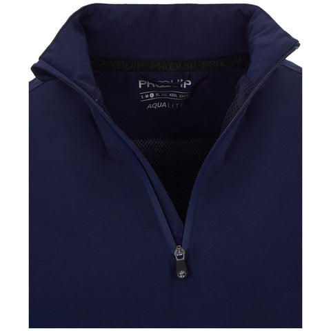 A dark navy pullover with a quarter zip is displayed prominently. The collar is raised and the zipper is partially opened, exposing a mesh lining. The context suggests a casual or outdoor apparel setting.