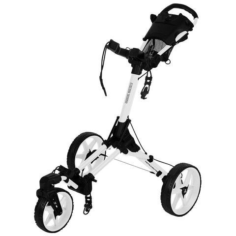 A golf push cart stands on three wheels with a sturdy frame The handle is equipped with straps and storage compartments allowing easy transport of golf equipment in outdoor settings