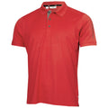 A red polo shirt with a three-button placket is featured prominently against a plain background showcasing a casual yet stylish design ideal for a relaxed outfit.