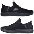 Black athletic shoes feature a knit upper with a textured heel and rubber sole designed for comfort and support suited for casual or active wear in various environments.