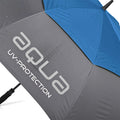 A blue and gray umbrella is displayed with droplets of water on its surface indicating rain protection while its fabric features the text aqua UV-PROTECTION providing sun protection information.