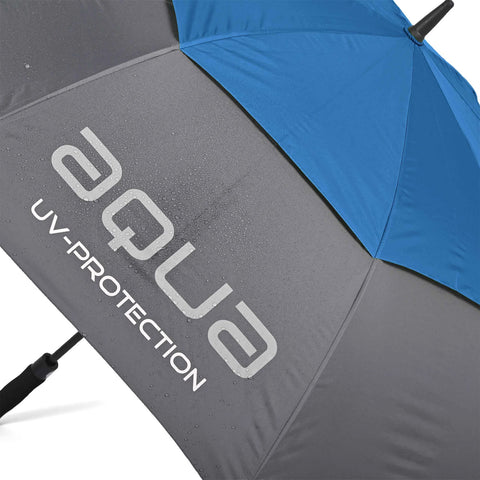 A blue and gray umbrella is displayed with droplets of water on its surface indicating rain protection while its fabric features the text aqua UV-PROTECTION providing sun protection information.