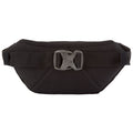 A black waist bag rests flat with a prominent buckle closure visible on the front designed for securing belongings while being worn around the waist in casual environments.