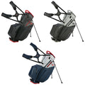 Three golf bags are displayed in different colors each featuring a stand and padded straps. They are set against a plain background highlighting their design and functionality for carrying golf clubs.