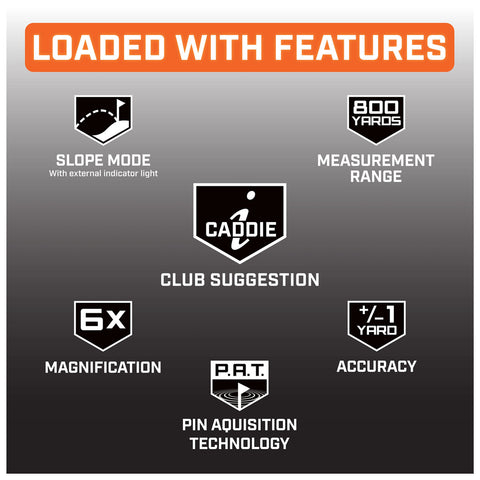 A graphic displays various features of a golf device. Icons represent slope mode, club suggestion, measurement range of 800 yards, 6x magnification, accuracy within ±1 yard, and pin acquisition technology.