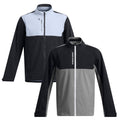 Two jackets hang side by side showcasing a modern design. One jacket has a light blue and black top while the other features a black and gray color scheme.