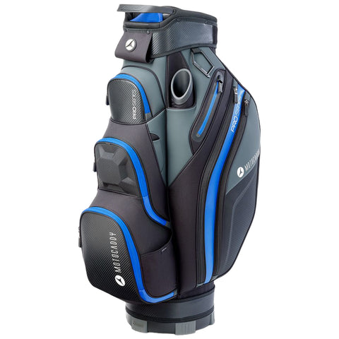 A golf bag stands upright showcasing multiple compartments and a sleek design. It features a combination of black and blue colors, with a logo visible on the side.