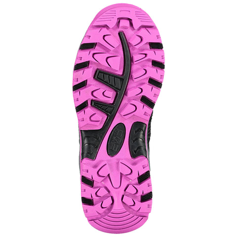 A shoe sole designed for traction and comfort features a vibrant pink pattern with a mix of black rubber sections offering grip showing details of treads and ridges.