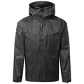 A black hooded waterproof jacket stands upright showcasing its smooth fabric and front zipper in a neutral environment suitable for outdoor activities and protection against rain.