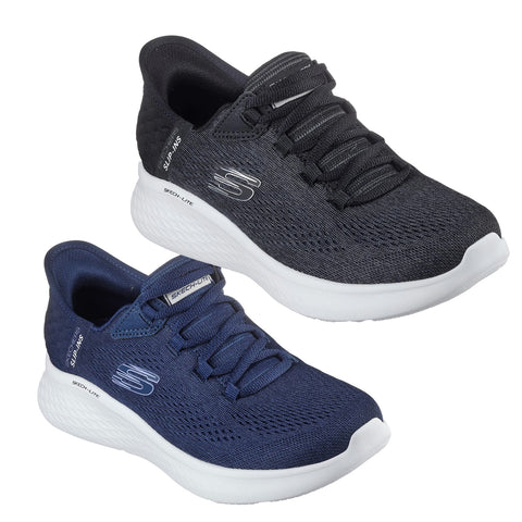 Two pairs of athletic shoes sit side by side the top pair is black with a textured surface and laces while the bottom pair is navy blue featuring a similar design and laces