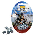 A circular display of metal track spikes sits on a card showing an athlete sprinting on a track with the text indicating twelve 3.2mm needle spikes and the brand name Champ Bolt.