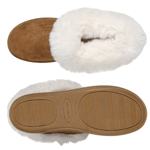 A pair of brown slip-on slippers with a fluffy white lining and a textured sole rests flat against a plain background, showcasing their soft and cozy design.