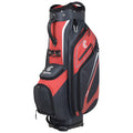 A golf bag in red and black stands upright with multiple pockets and a top section for club storage showcasing a sleek design suitable for carrying golfing equipment on a course.