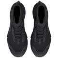 Black athletic shoes with a textured upper and prominent laces are positioned side by side against a plain background highlighting their design features and sturdy soles suitable for outdoor activities.