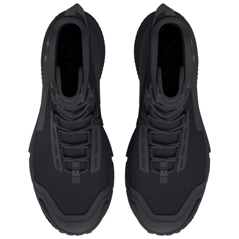 Black athletic shoes with a textured upper and prominent laces are positioned side by side against a plain background highlighting their design features and sturdy soles suitable for outdoor activities.