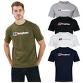 A man is wearing an olive green t-shirt with the logo "berghaus" displayed prominently on the front while four additional t-shirts in grey black white and navy are shown beside him.