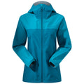 A vibrant teal rain jacket with a hood features a front zipper and elastic cuffs. It appears suitable for outdoor activities in rainy or windy conditions.