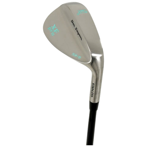 A golf wedge leans to the side showcasing a shiny stainless steel face with engraved markings indicating brand model and specifications the club is designed for short game shots on the golf course.