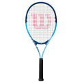 A tennis racket stands upright against a plain background showcasing a blue frame with a white string bed and a prominent red "Wilson" logo in the center of the strings.