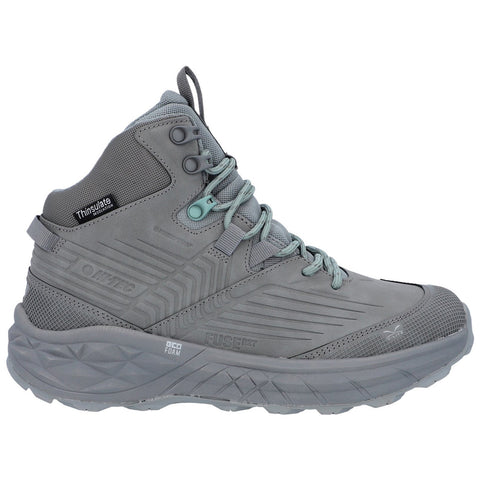 A gray hiking boot features a textured upper with laces and metal eyelets providing ankle support designed for outdoor activities in rugged terrain.