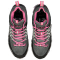 Gray and black hiking shoes are positioned with pink accents and laces showing the shoes resting on a flat surface designed for outdoor activities such as hiking or trekking.