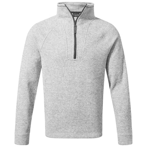 A gray, long-sleeve pullover is displayed featuring a half zipper at the neck and a ribbed texture, typically worn for casual or outdoor activities.