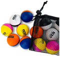 A collection of colorful textured balls in a variety of bright colors is partially displayed with some contained in a black mesh bag resting beside them.