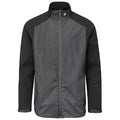 A gray and black jacket is displayed upright with a zip closure and a high collar emphasizing its sporty design suitable for outdoor activities in cool weather.