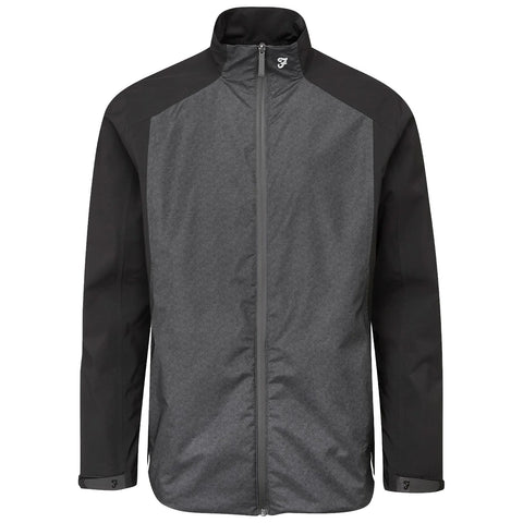 A gray and black jacket is displayed upright with a zip closure and a high collar emphasizing its sporty design suitable for outdoor activities in cool weather.