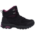 A black and purple hiking boot stands upright showcasing a waterproof exterior and a textured sole designed for traction in rugged terrains, suitable for outdoor activities in varied weather conditions.