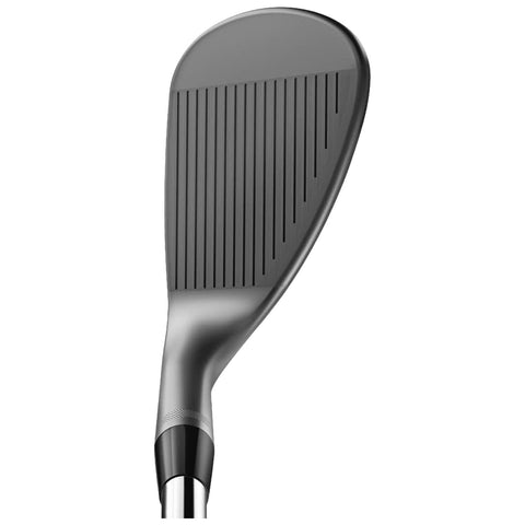 A golf club head is displayed showing a smooth metallic face with grooves designed for grip and control highlighting the equipment used in golfing contexts.