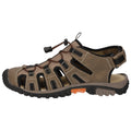 A brown sport sandal with open design features a secure lace system and a rugged sole for grip ideal for outdoor activities and summer wear