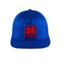 A blue baseball cap features a red embroidered four-leaf clover logo centered on the front panel, displayed against a plain white background, emphasizing the cap's design.